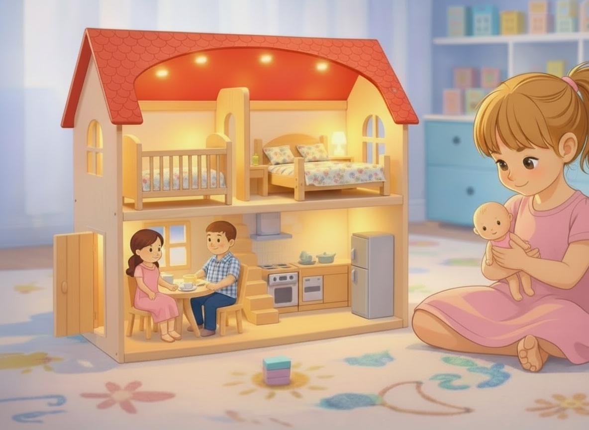 Girl and Her Morning with the Dollhouse